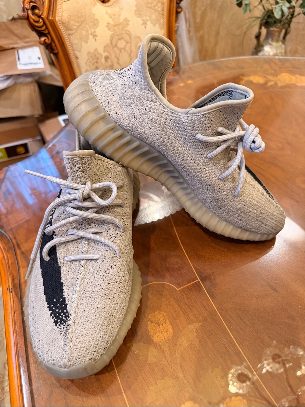 YEEZY SPLY -350 Light Gray Knit Men's Athletic Sneakers with Black Stripe US 11